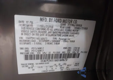 2006 Ford Five Hundred Sel from USA, damaged, VIN 1FAFP24116G160673